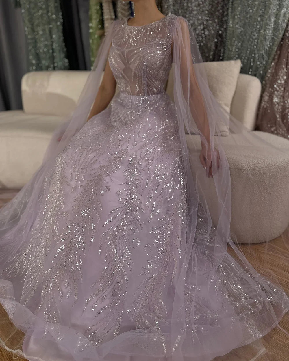 Luxury Dubai Arabic Lilac Elegant A-Line Beaded Long Evening Dresses Gowns with Cape Sleeves for Formal Occasion LA72744