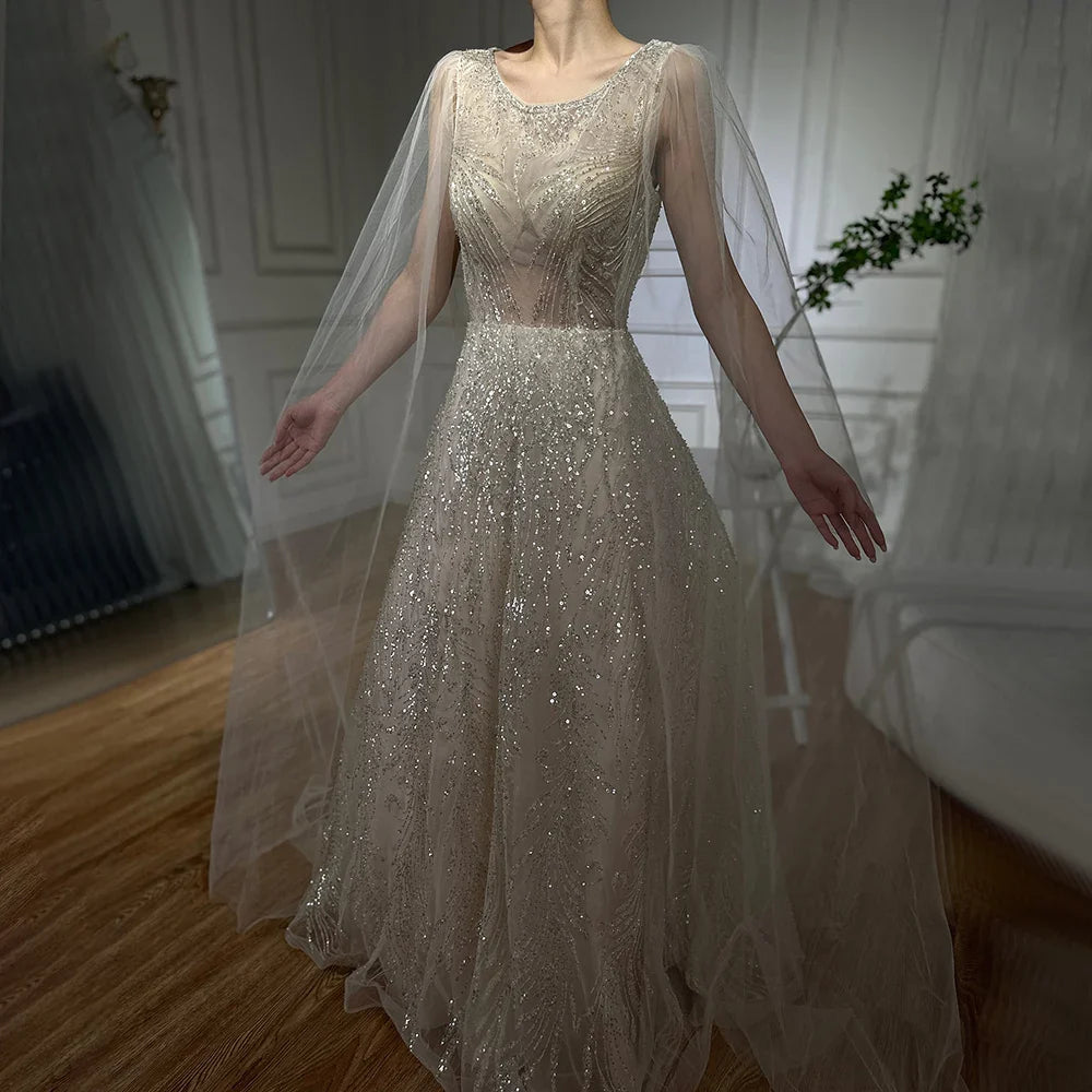Luxury Dubai Arabic Lilac Elegant A-Line Beaded Long Evening Dresses Gowns with Cape Sleeves for Formal Occasion LA72744