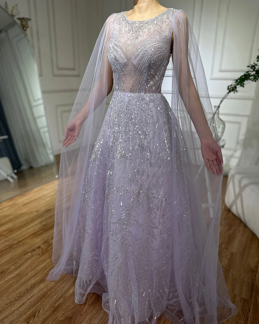 Luxury Dubai Arabic Lilac Elegant A-Line Beaded Long Evening Dresses Gowns with Cape Sleeves for Formal Occasion LA72744