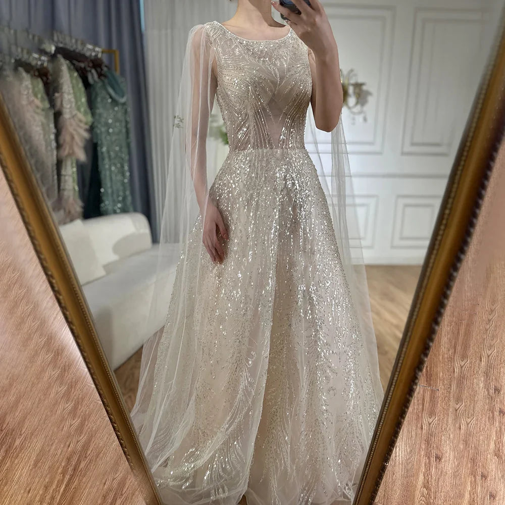 Luxury Dubai Arabic Lilac Elegant A-Line Beaded Long Evening Dresses Gowns with Cape Sleeves for Formal Occasion LA72744