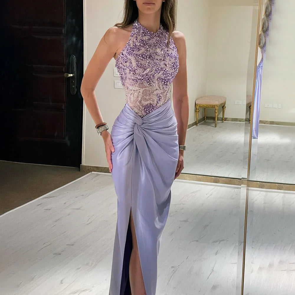 Luxury Dubai Lilac Halter Neck Satin Split Mermaid Evening Dress LA72668