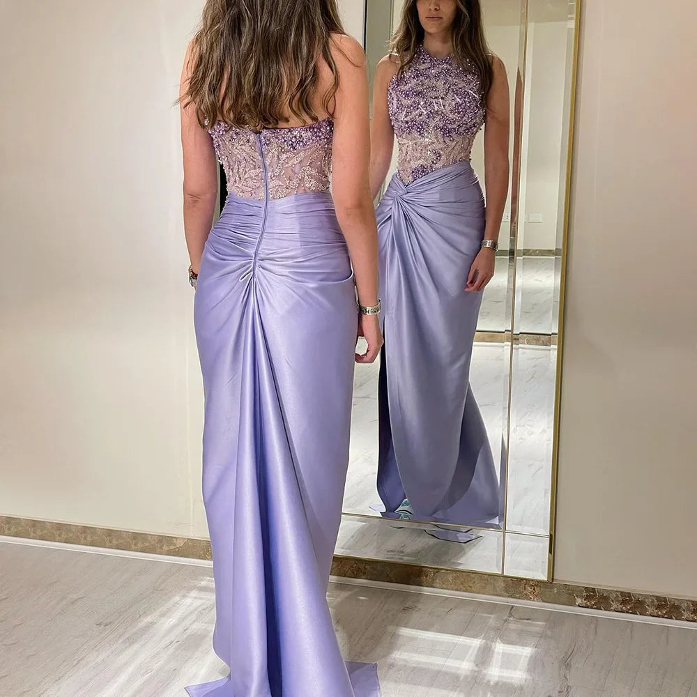 Luxury Dubai Lilac Halter Neck Satin Split Mermaid Evening Dress LA72668