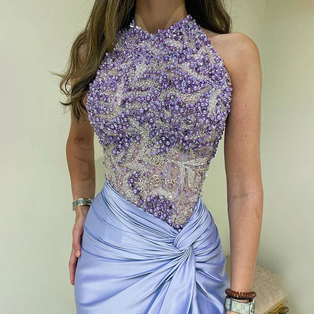 Luxury Dubai Lilac Halter Neck Satin Split Mermaid Evening Dress LA72668