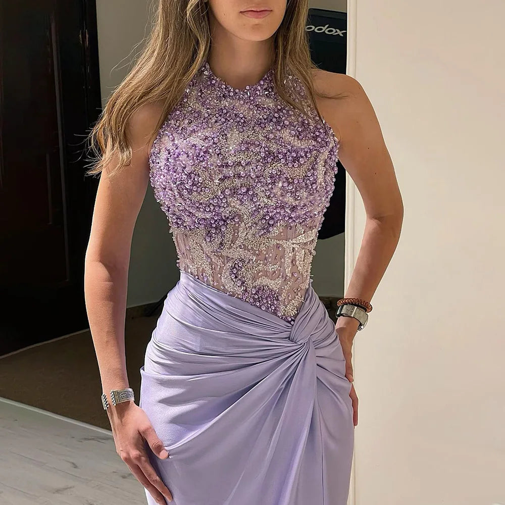 Luxury Dubai Lilac Halter Neck Satin Split Mermaid Evening Dress LA72668