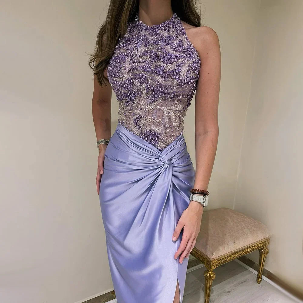 Luxury Dubai Lilac Halter Neck Satin Split Mermaid Evening Dress LA72668