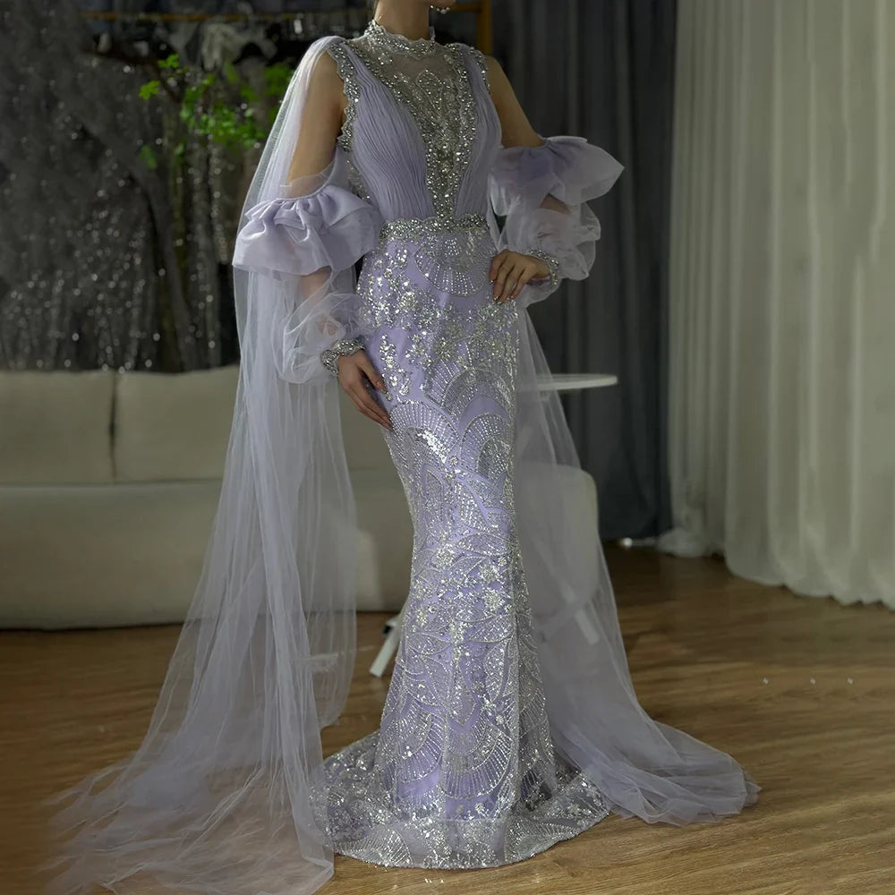 Luxury Dubai Arabic Lilac Mermaid Puffy Sleeves Sparkling Beaded Long Evening Dresses Gowns for Formal Occasion LA72745