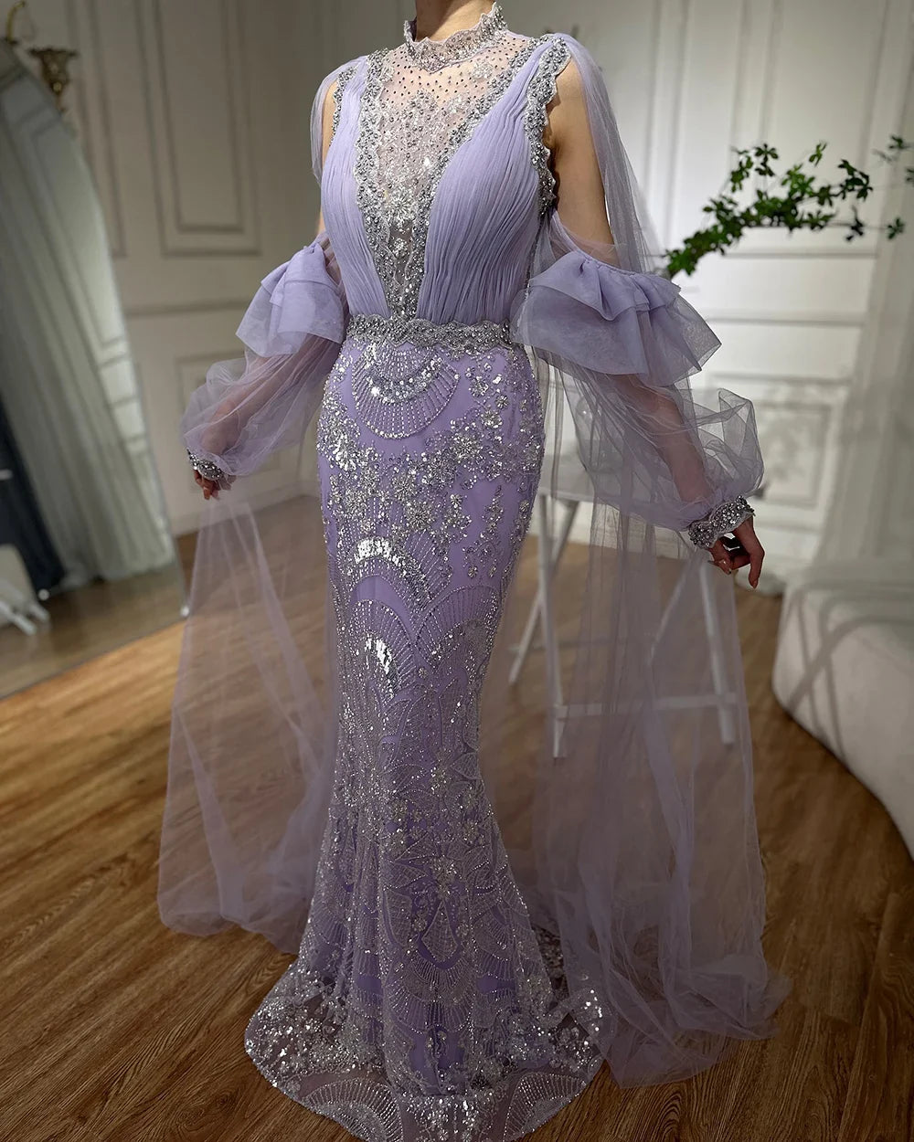 Luxury Dubai Arabic Lilac Mermaid Puffy Sleeves Sparkling Beaded Long Evening Dresses Gowns for Formal Occasion LA72745