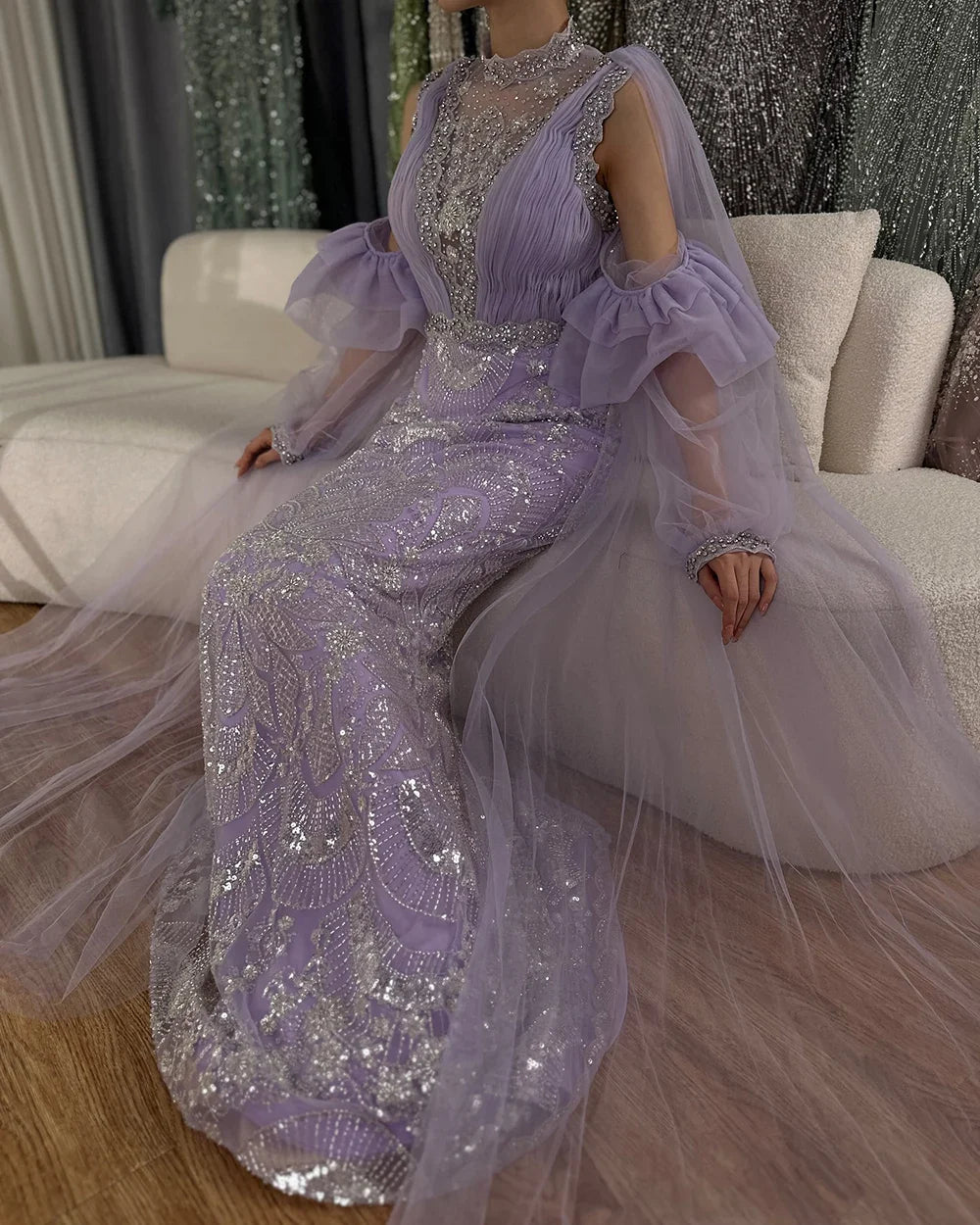 Luxury Dubai Arabic Lilac Mermaid Puffy Sleeves Sparkling Beaded Long Evening Dresses Gowns for Formal Occasion LA72745