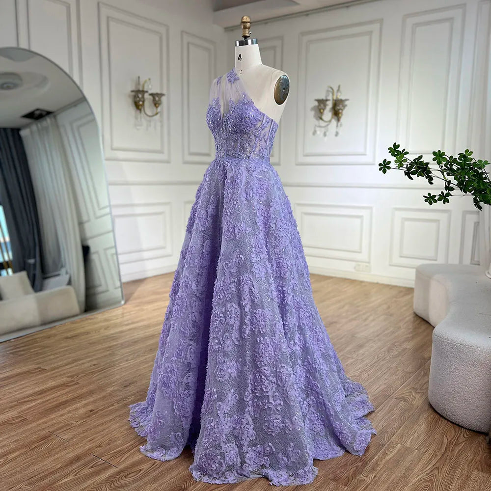 Serene Hill 2025 Arabic Lilac One-Shoulder A-Line Lace Appliques Luxury Prom Dress for Formal Occasion LA72619