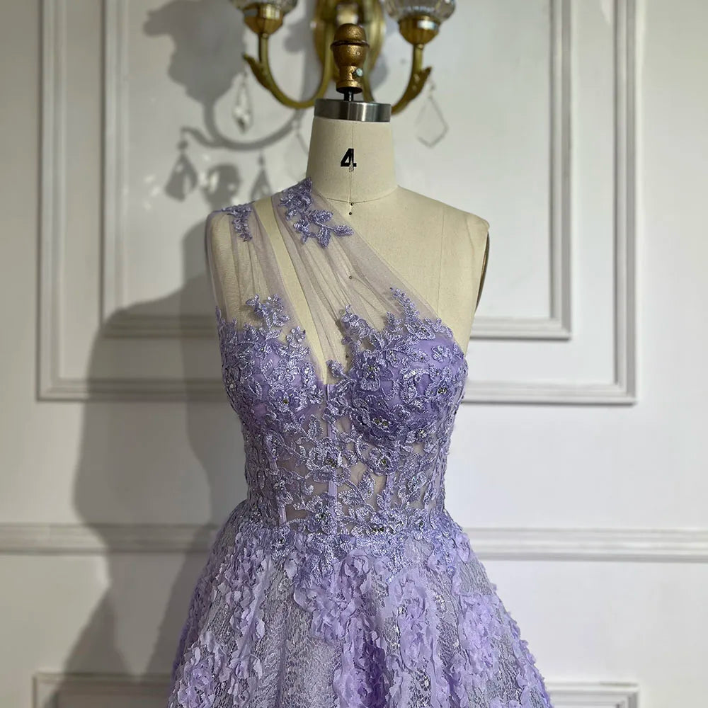 Serene Hill 2025 Arabic Lilac One-Shoulder A-Line Lace Appliques Luxury Prom Dress for Formal Occasion LA72619
