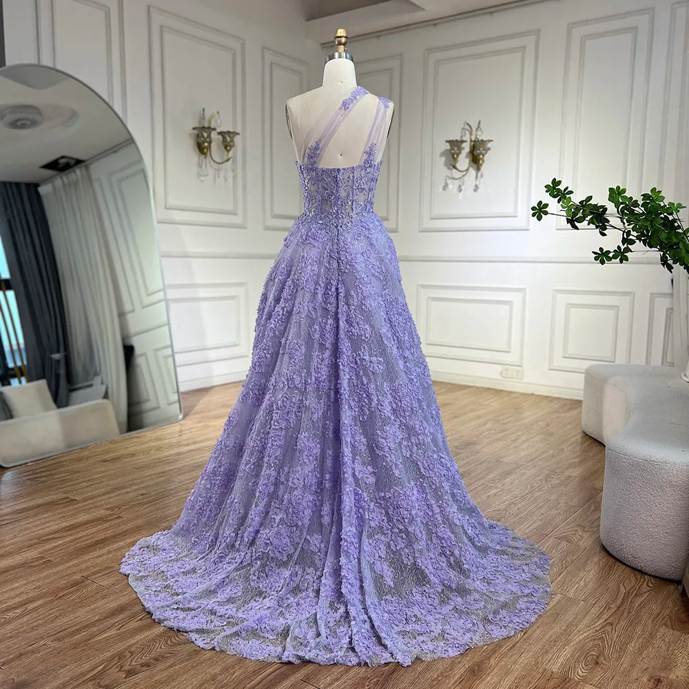 Serene Hill 2025 Arabic Lilac One-Shoulder A-Line Lace Appliques Luxury Prom Dress for Formal Occasion LA72619