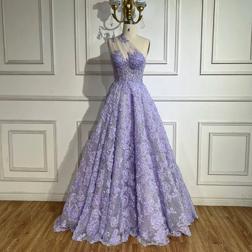 Serene Hill 2025 Arabic Lilac One-Shoulder A-Line Lace Appliques Luxury Prom Dress for Formal Occasion LA72619