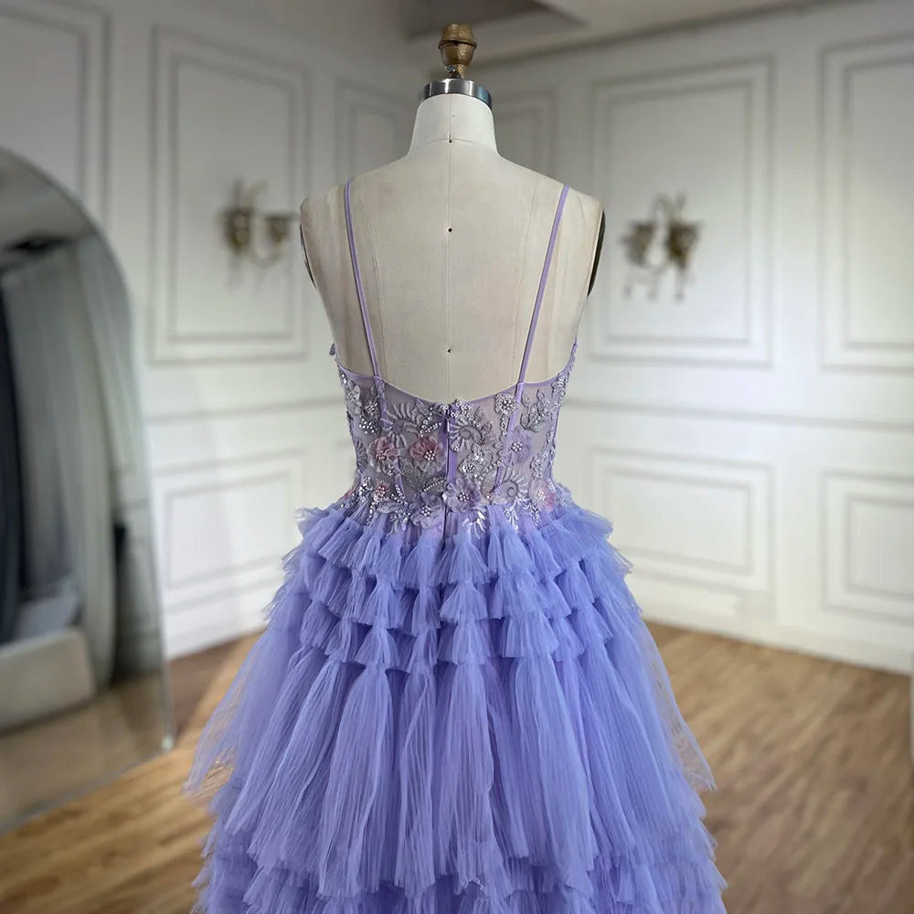 Serene Hill 2025 Arabic Lilac Spaghetti Strap Tiered A-Line Lace Appliques Luxury Evening Gown for Women's Party LA72618