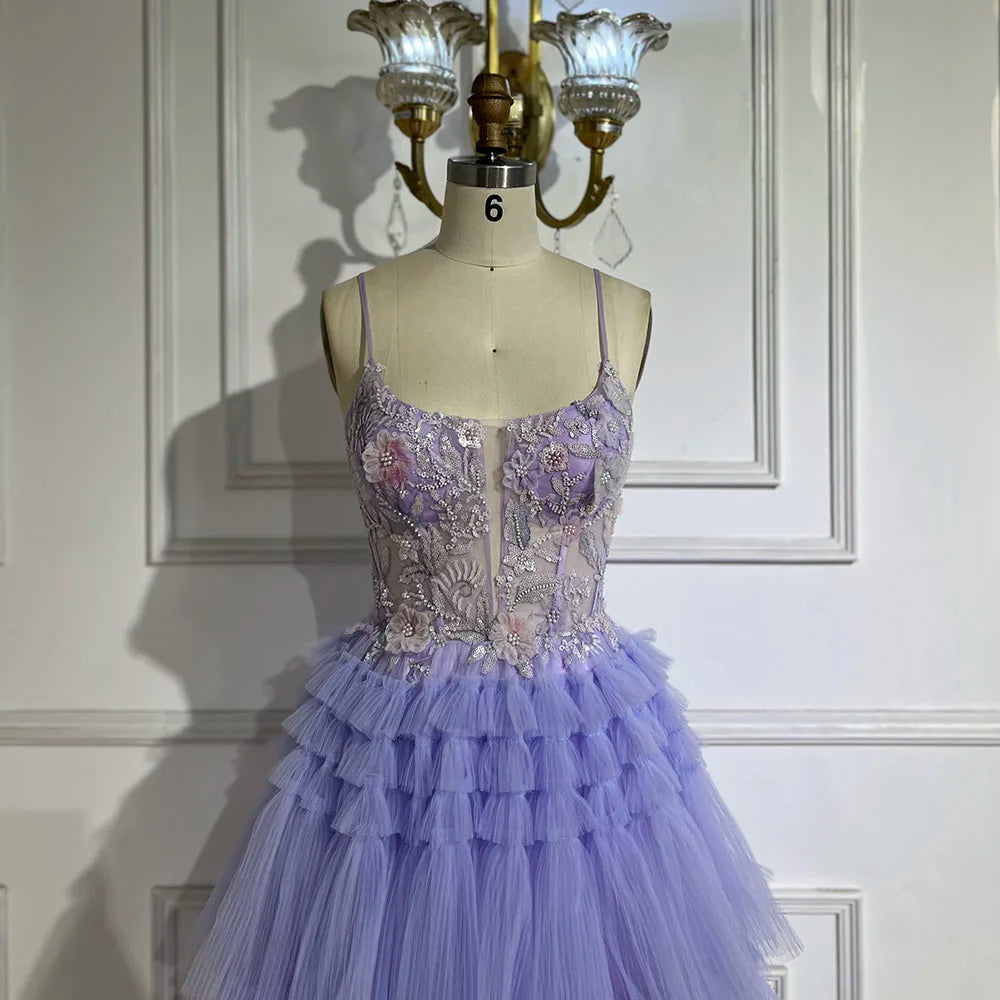Serene Hill 2025 Arabic Lilac Spaghetti Strap Tiered A-Line Lace Appliques Luxury Evening Gown for Women's Party LA72618