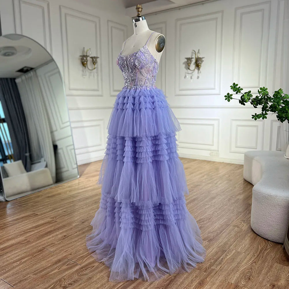 Serene Hill 2025 Arabic Lilac Spaghetti Strap Tiered A-Line Lace Appliques Luxury Evening Gown for Women's Party LA72618