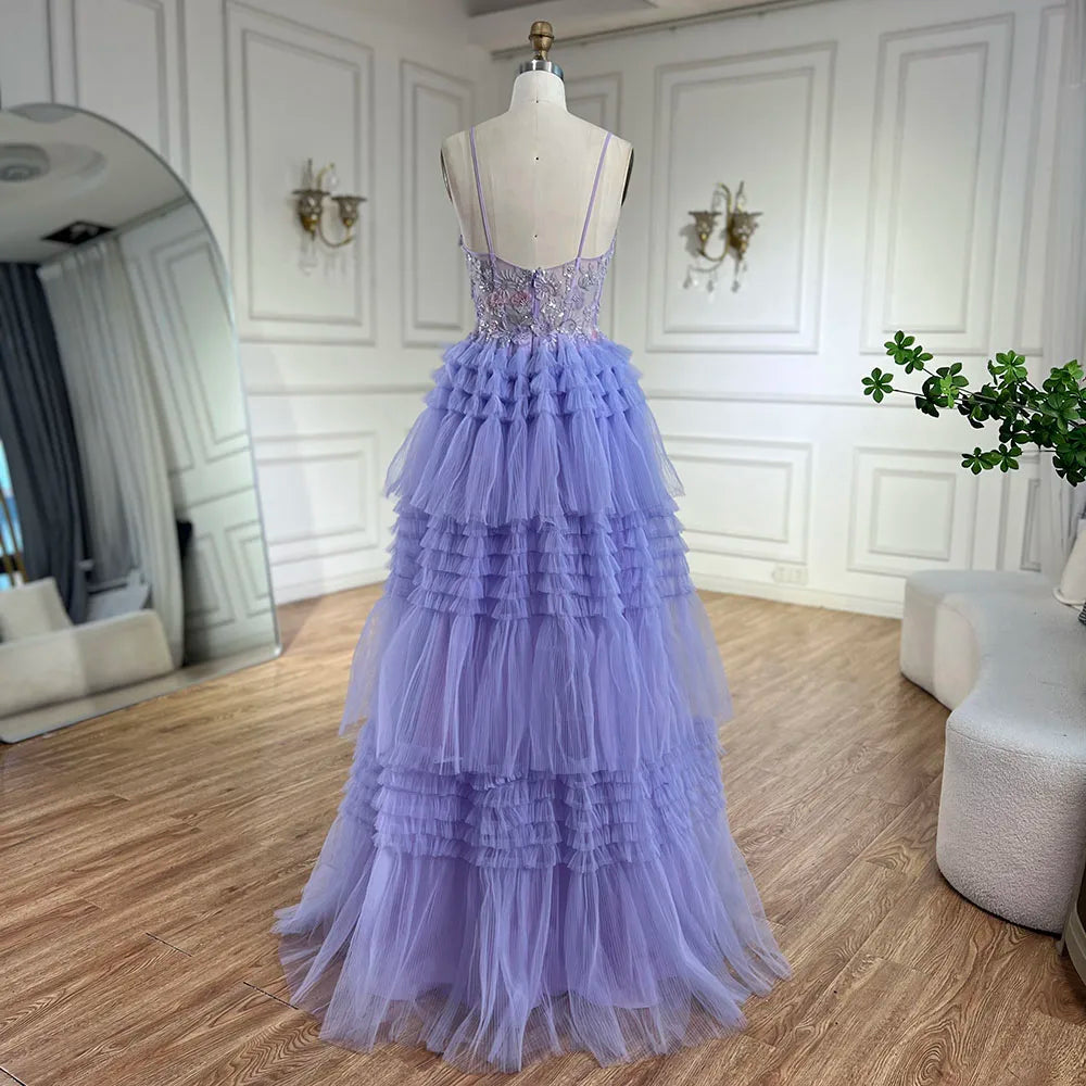 Serene Hill 2025 Arabic Lilac Spaghetti Strap Tiered A-Line Lace Appliques Luxury Evening Gown for Women's Party LA72618