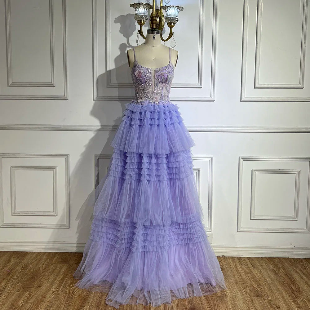 Serene Hill 2025 Arabic Lilac Spaghetti Strap Tiered A-Line Lace Appliques Luxury Evening Gown for Women's Party LA72618
