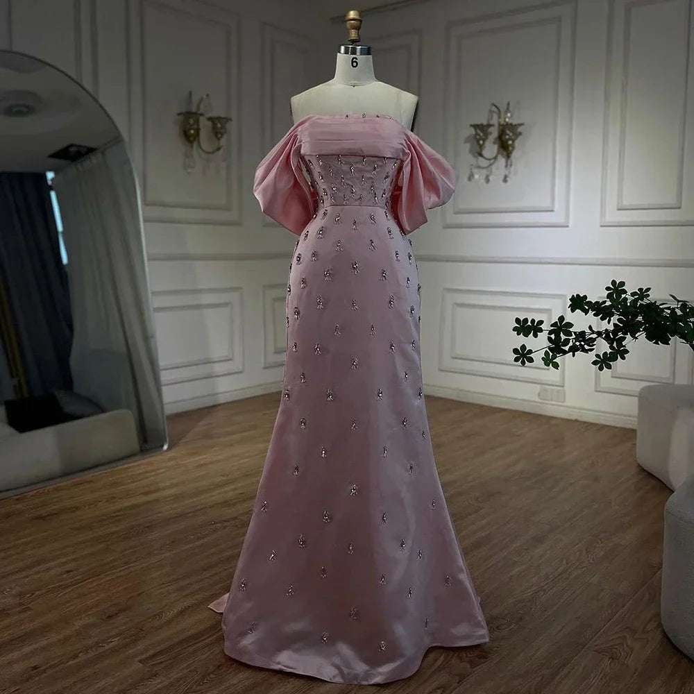 Luxury Baby Pink Off Shoulder Evening Dress for Women Party LA72414