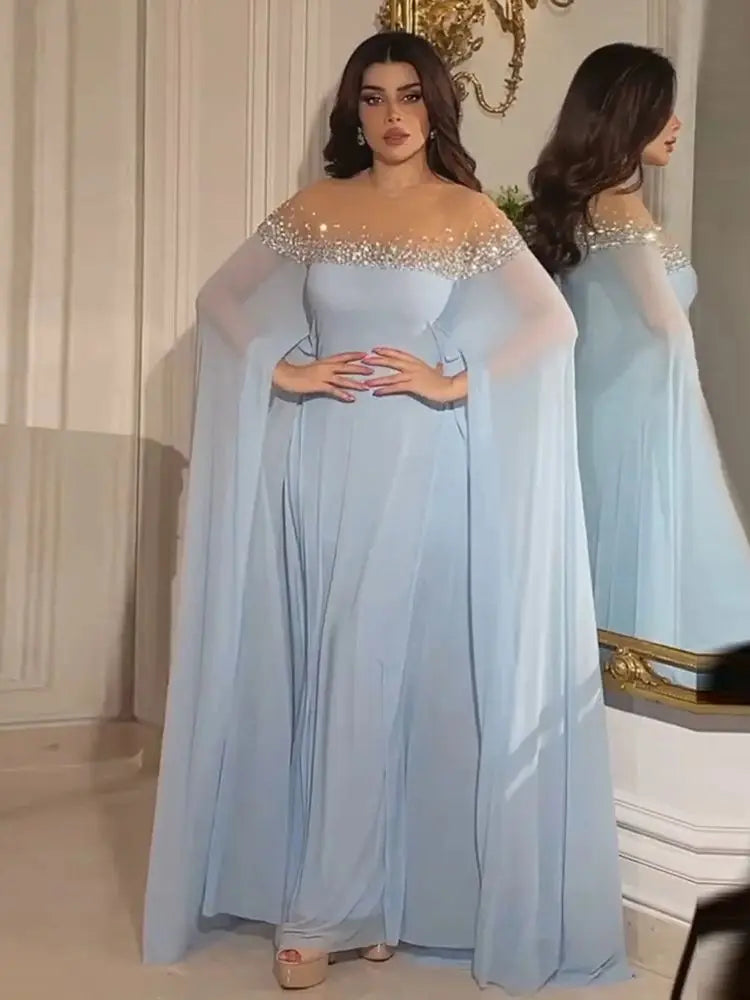 Luxury Dubai Arabic Luxury Crystal Dubai A-Line Baby Blue Evening Dress with Elegant Kaftan for Formal Occasion LA72766