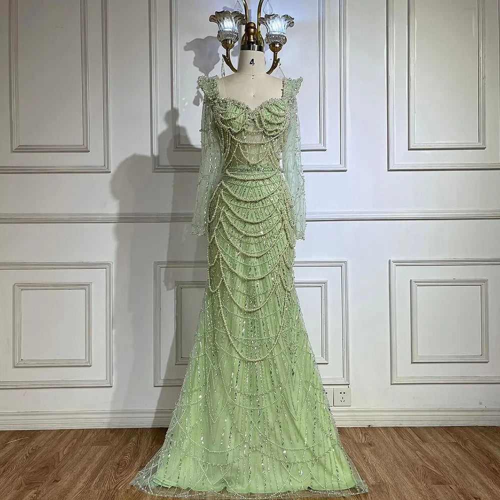 Serene Hill Arabic Sage Green Sweetheart Mermaid Pearls Beaded Luxury Dubai Evening Gown for Women's Party LA72660