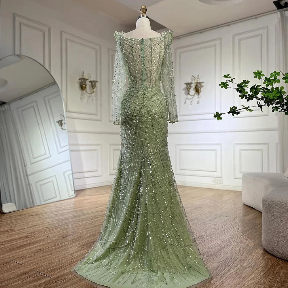 Serene Hill Arabic Sage Green Sweetheart Mermaid Pearls Beaded Luxury Dubai Evening Gown for Women's Party LA72660
