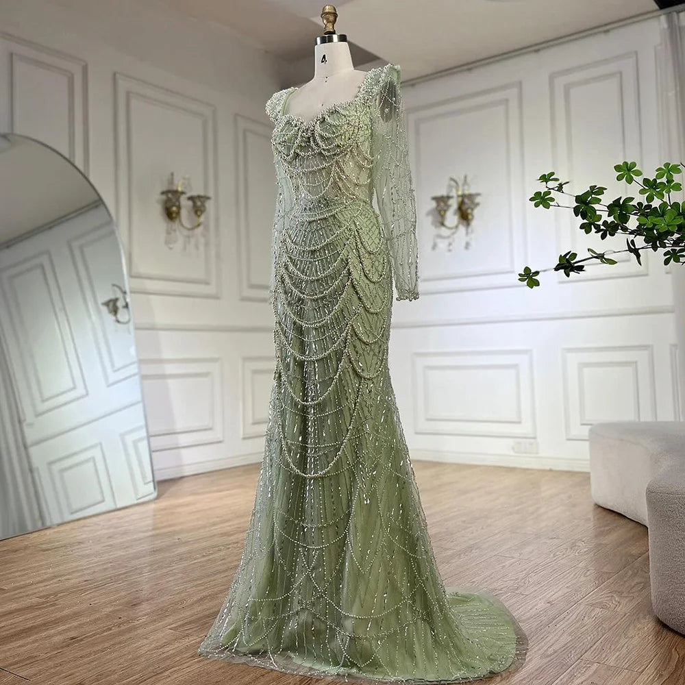 Serene Hill Arabic Sage Green Sweetheart Mermaid Pearls Beaded Luxury Dubai Evening Gown for Women's Party LA72660