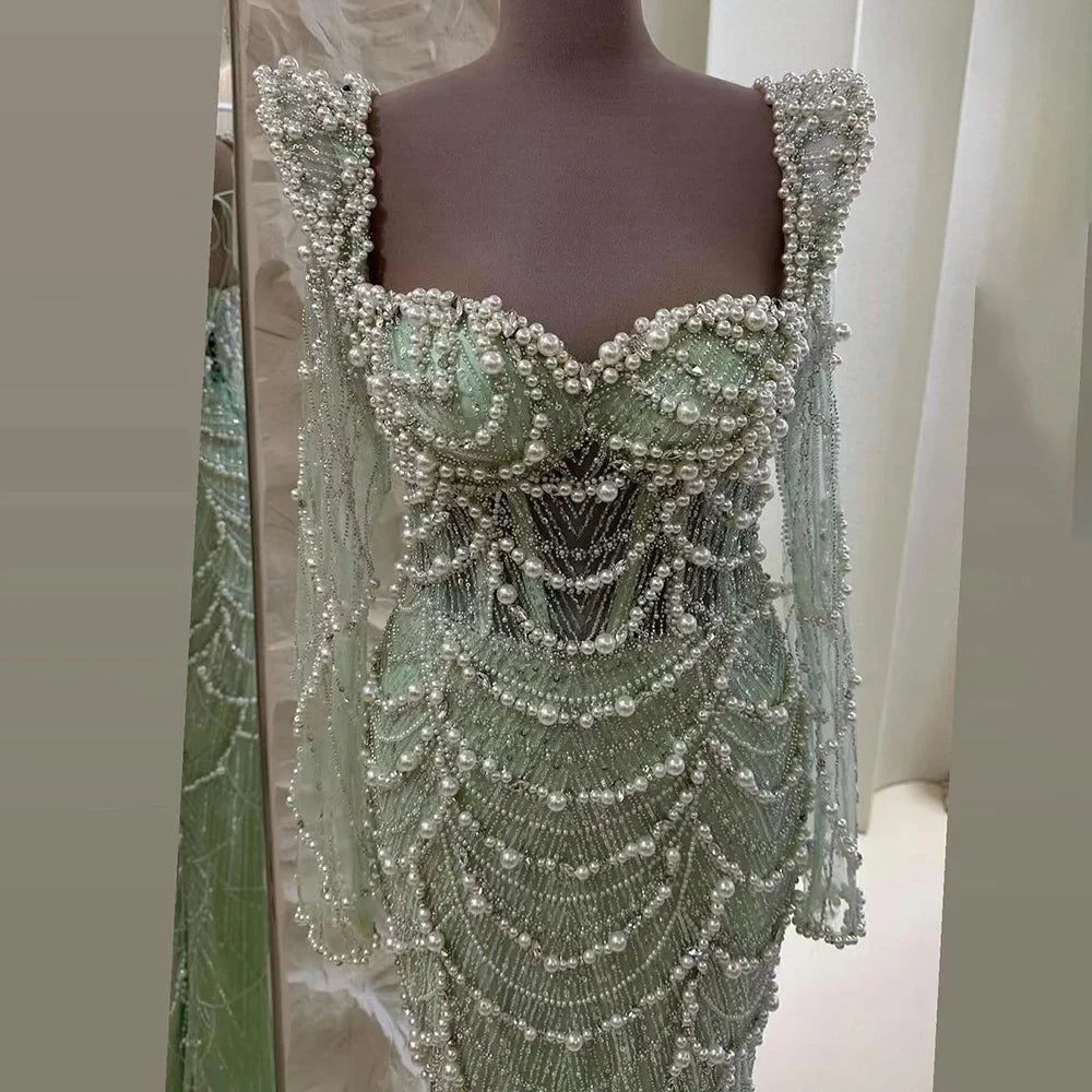 Serene Hill Arabic Sage Green Sweetheart Mermaid Pearls Beaded Luxury Dubai Evening Gown for Women's Party LA72660