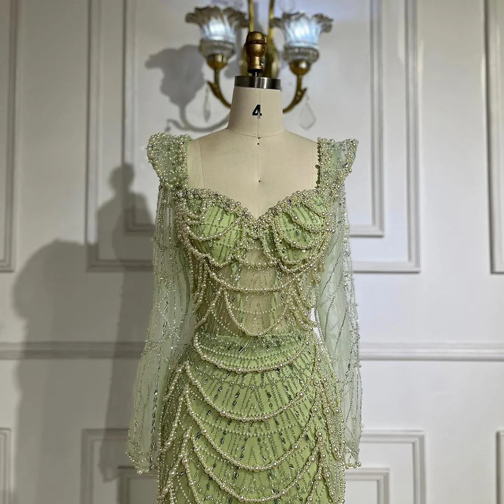 Serene Hill Arabic Sage Green Sweetheart Mermaid Pearls Beaded Luxury Dubai Evening Gown for Women's Party LA72660