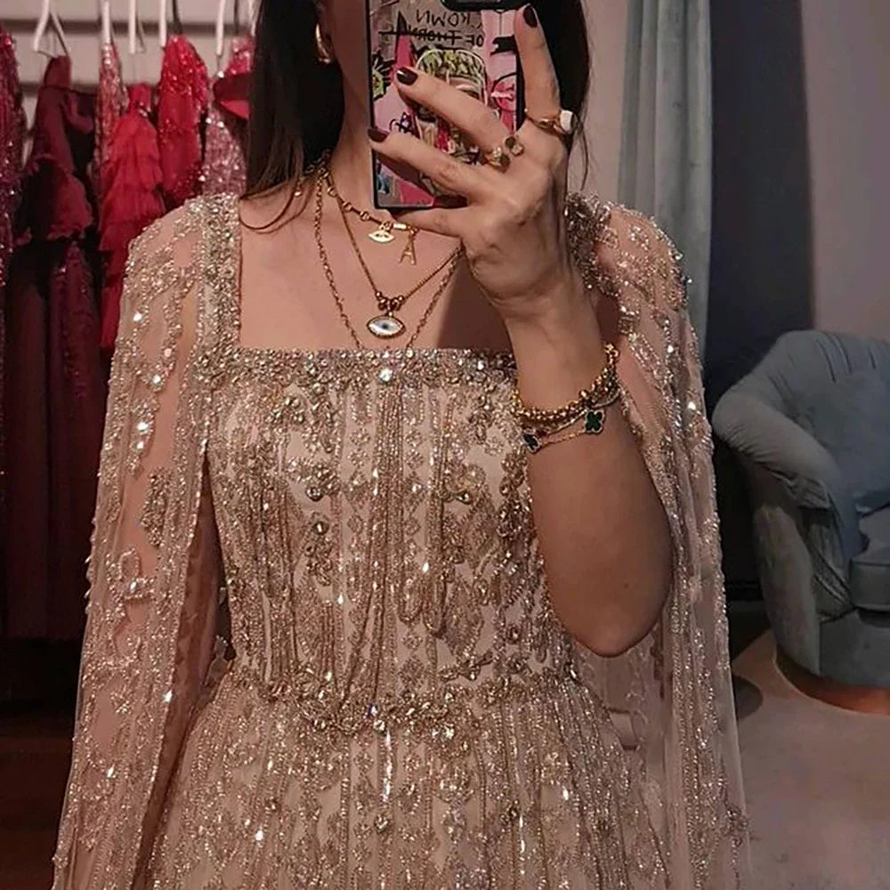 Luxury Designer Nude A-Line Crystal Beaded Arabic Evening Dress LA72764