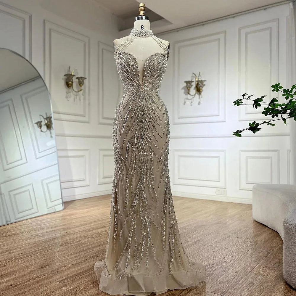 Serene Hill Arabic Nude Halter Neck Mermaid Pearls Beaded Luxury Dubai Evening Gown for Women's Party LA72696