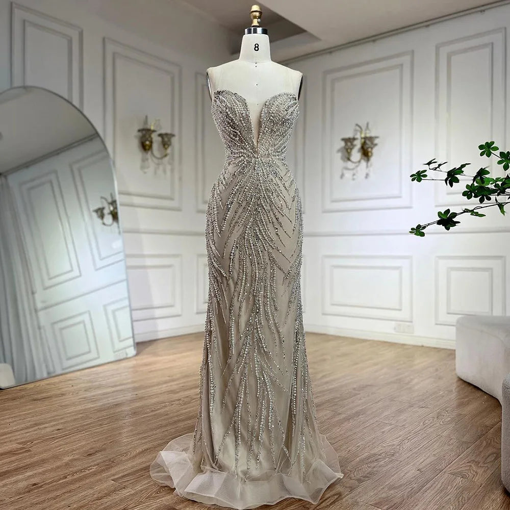 Serene Hill Arabic Nude Halter Neck Mermaid Pearls Beaded Luxury Dubai Evening Gown for Women's Party LA72696