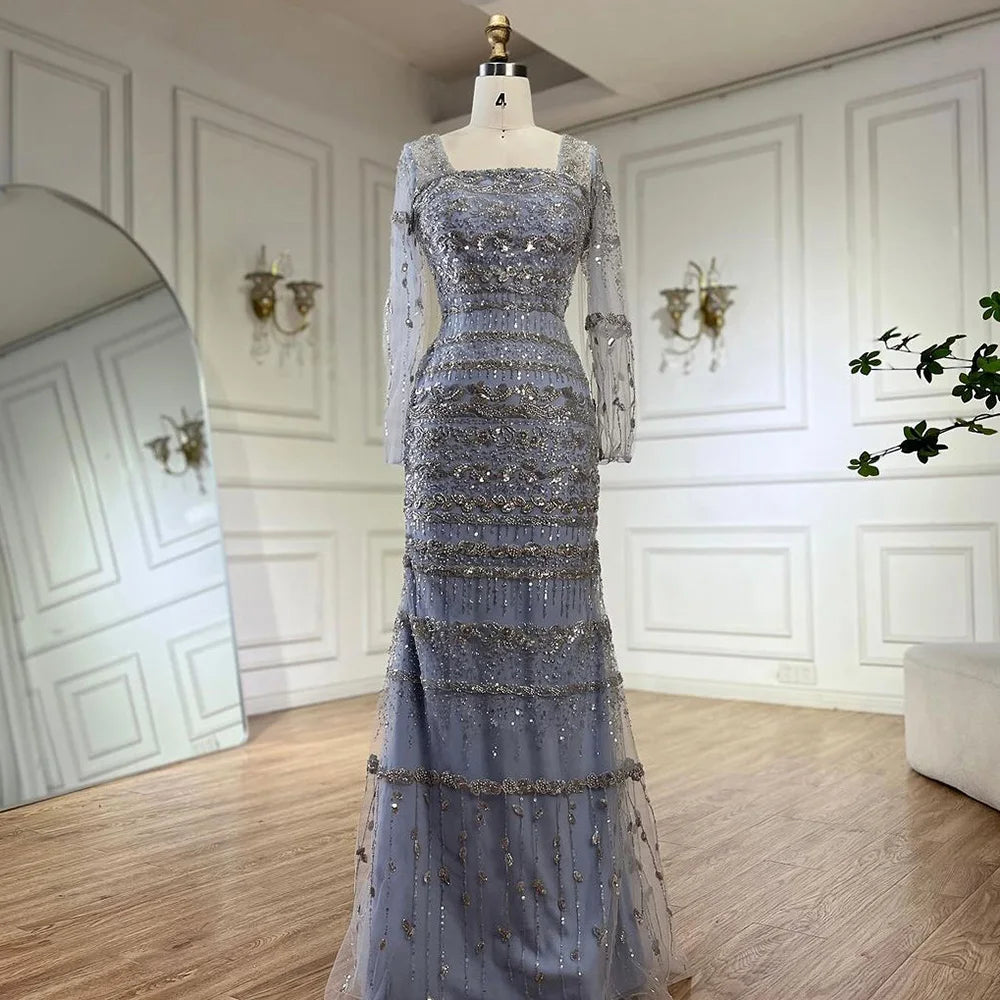 Luxury Dubai Arabic Sage Green Mermaid Evening Dress Gowns for Party LA72126A