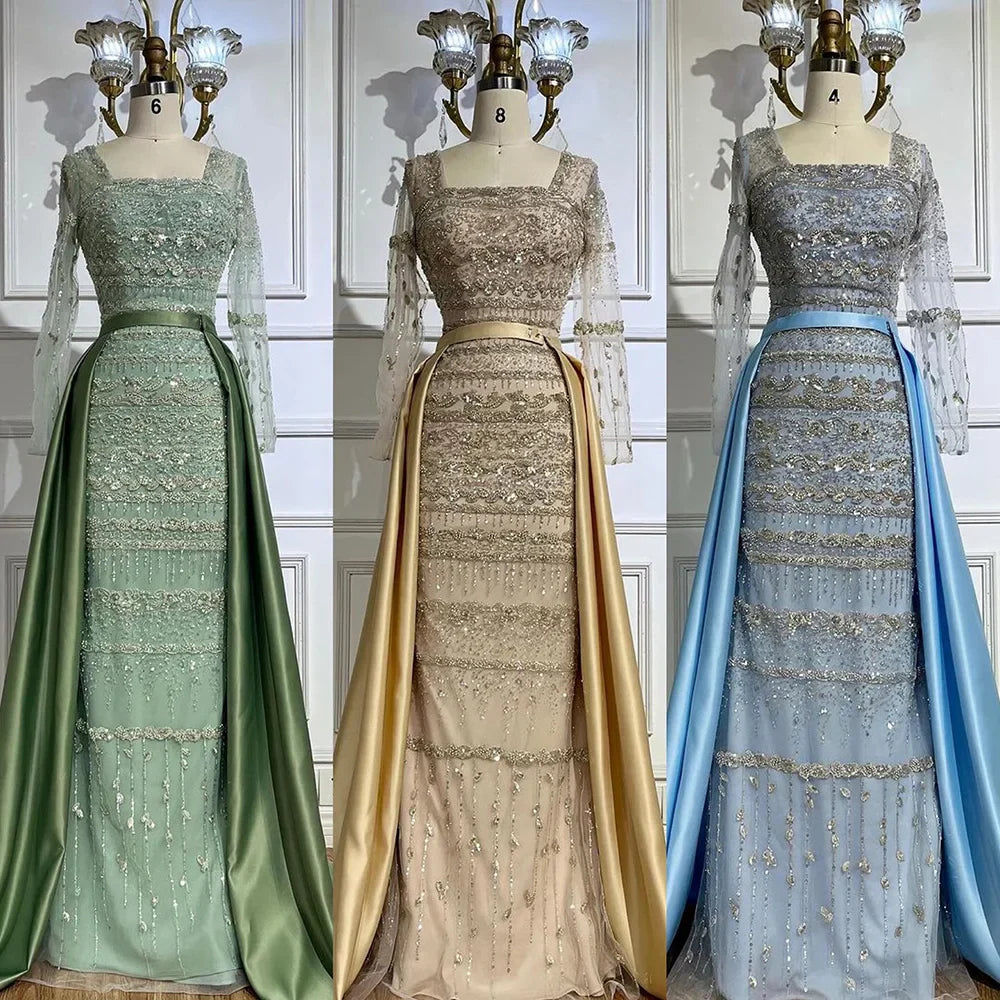 Luxury Dubai Arabic Sage Green Mermaid Evening Dress Gowns for Party LA72126A