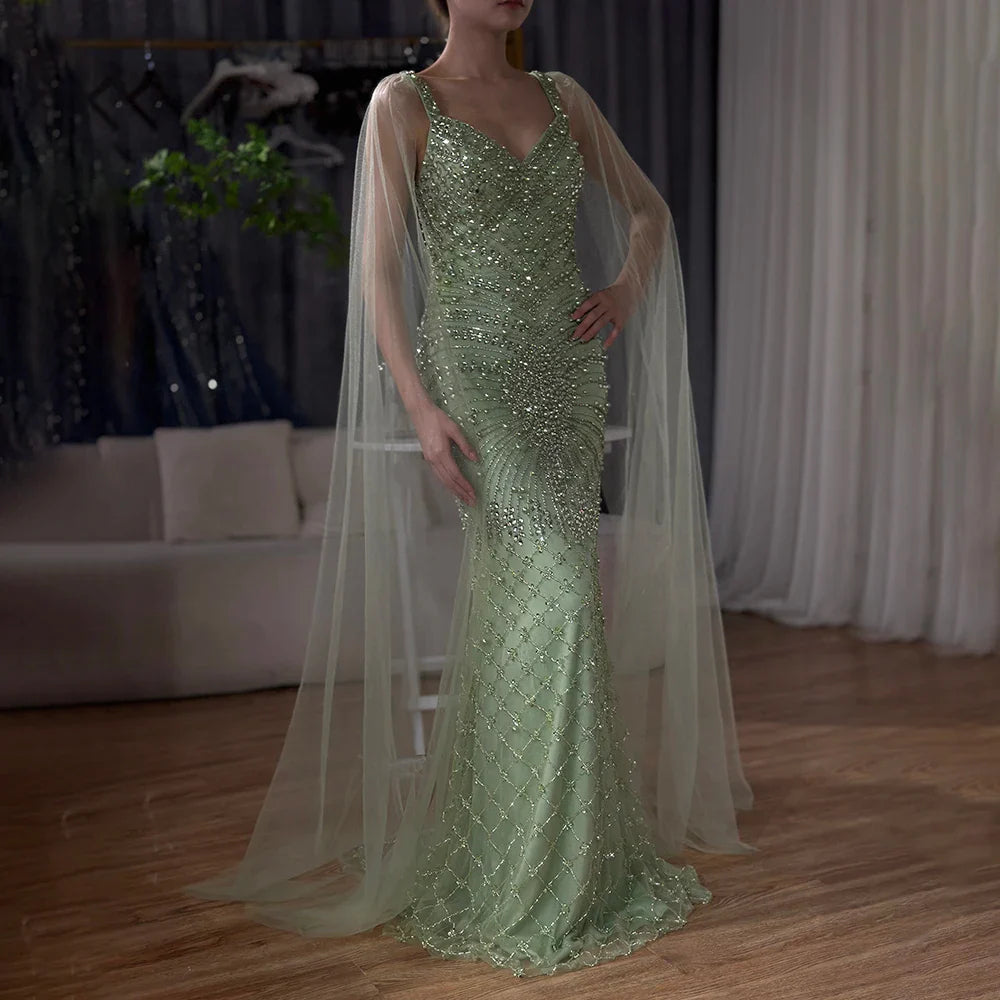 Luxury Dubai Arabic Nude Mermaid Cape Sleeve Beaded Luxury Saudi Evening Gown for Formal Occasion LA72748