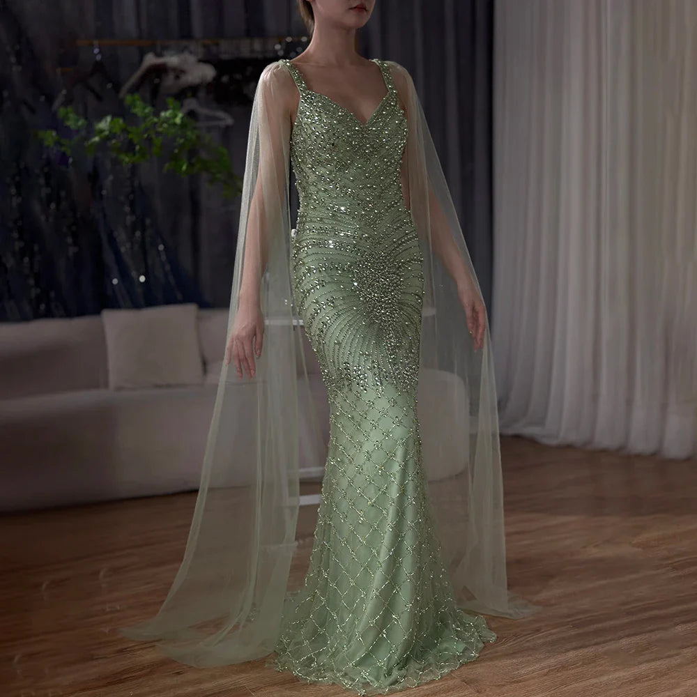 Luxury Dubai Arabic Nude Mermaid Cape Sleeve Beaded Luxury Saudi Evening Gown for Formal Occasion LA72748