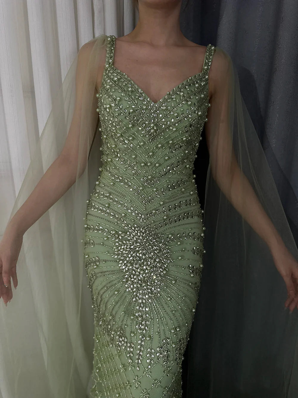 Luxury Dubai Arabic Nude Mermaid Cape Sleeve Beaded Luxury Saudi Evening Gown for Formal Occasion LA72748