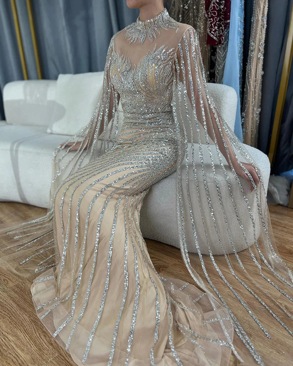 Luxury Dubai Arabic Nude Mermaid Long Evening Dresses With CapeLA71885B