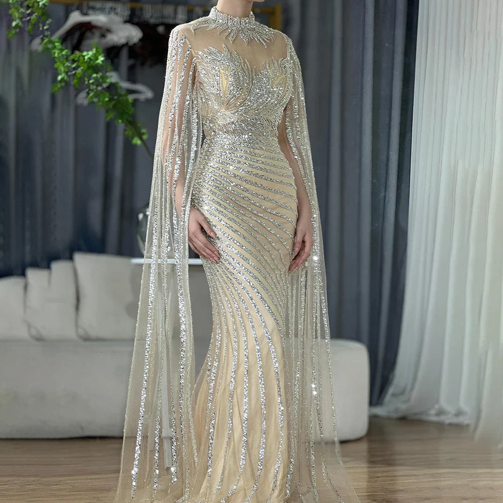 Luxury Dubai Arabic Nude Mermaid Long Evening Dresses With CapeLA71885B