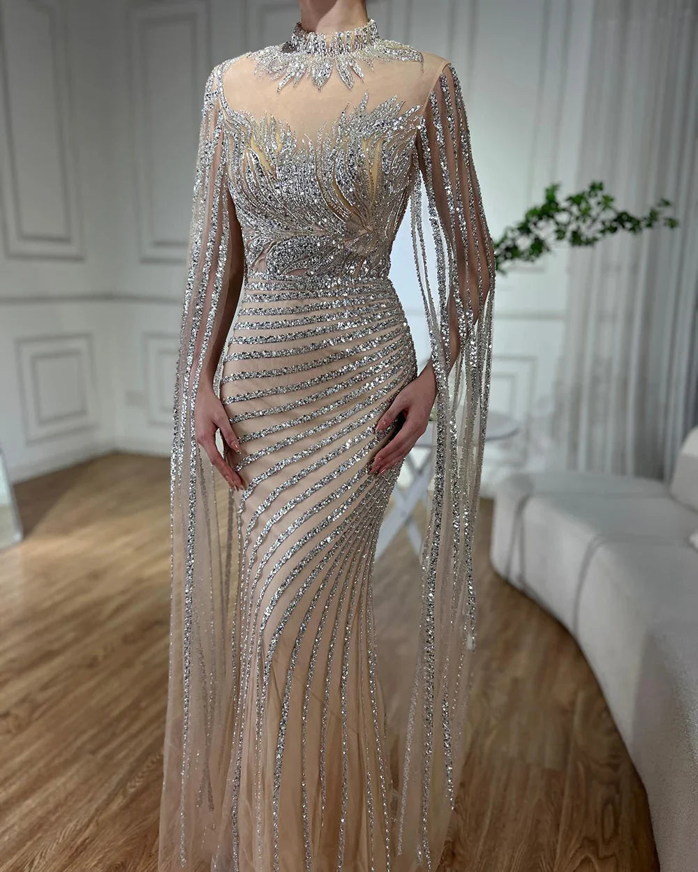 Luxury Dubai Arabic Nude Mermaid Long Evening Dresses With CapeLA71885B