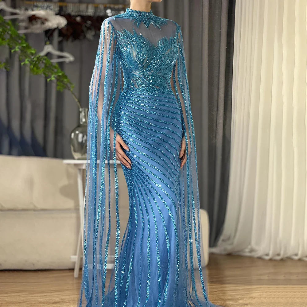 Luxury Dubai Arabic Nude Mermaid Long Evening Dresses With CapeLA71885B