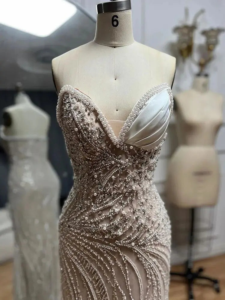 Luxury Dubai Arabic White Nude Mermaid Gown Pearls Beaded Luxury Saudi Evening Dress for Formal Occasion LA72712