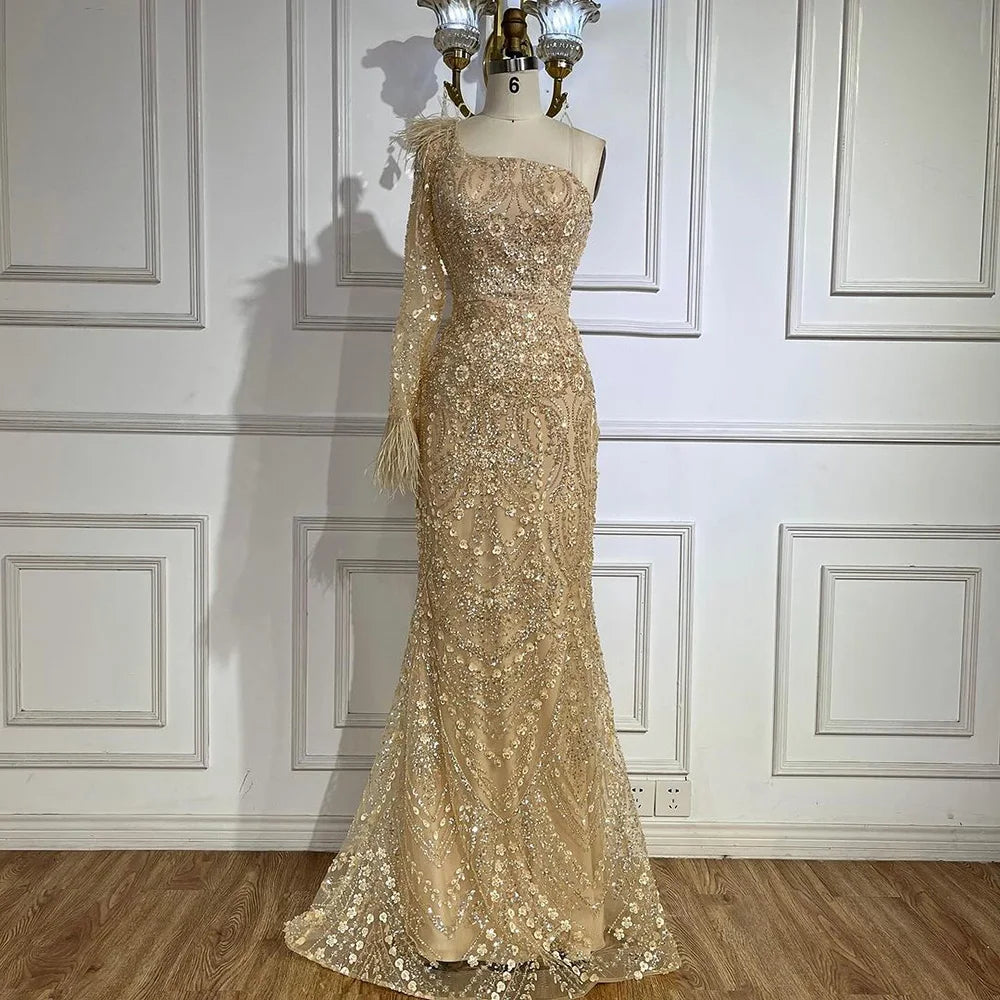 Serene Hill Arabic Nude One Shoulder Beaded Feathers Luxury Dubai Evening Gowns for Women's Party LA72546A
