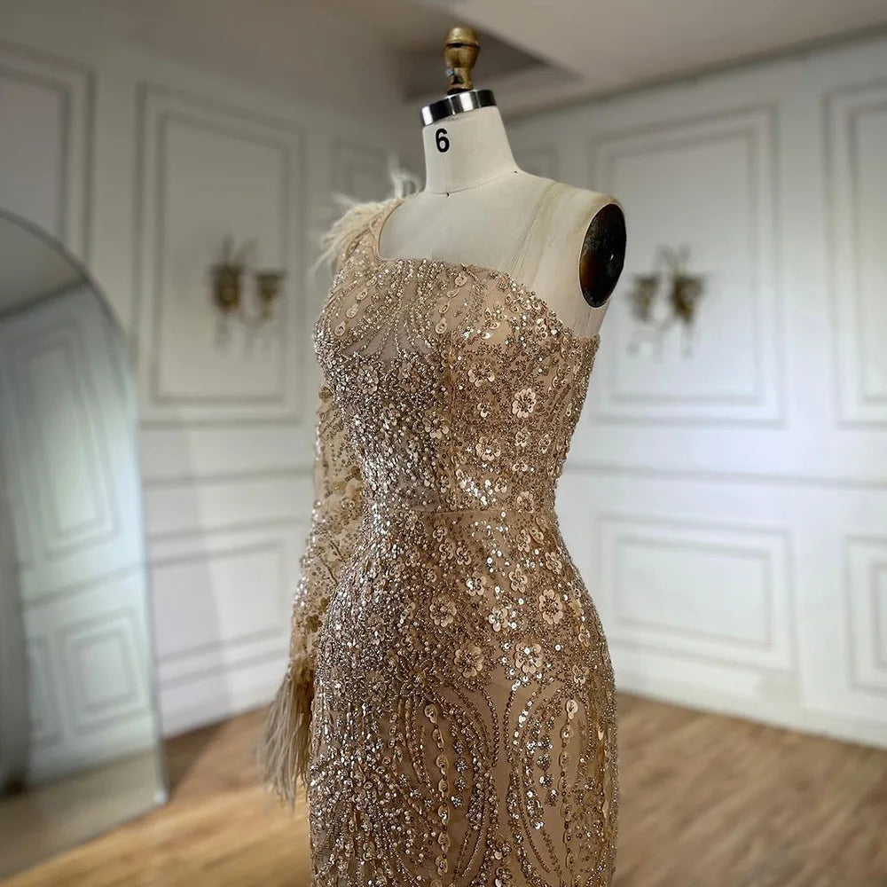 Serene Hill Arabic Nude One Shoulder Beaded Feathers Luxury Dubai Evening Gowns for Women's Party LA72546A