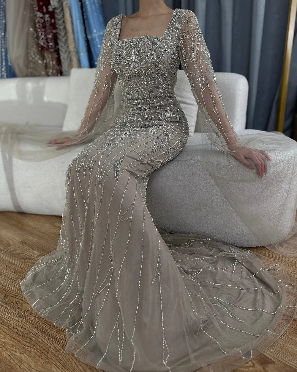 Luxury Dubai Arabic Nued Cape Sleeves Mermaid Saudi Evening Dresses Beaded Luxury Party Gowns for Formal Occasion LA72261B