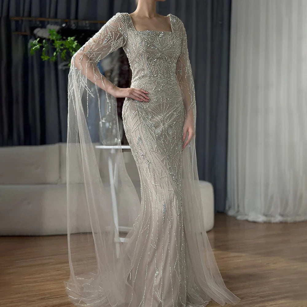 Luxury Dubai Arabic Nued Cape Sleeves Mermaid Saudi Evening Dresses Beaded Luxury Party Gowns for Formal Occasion LA72261B