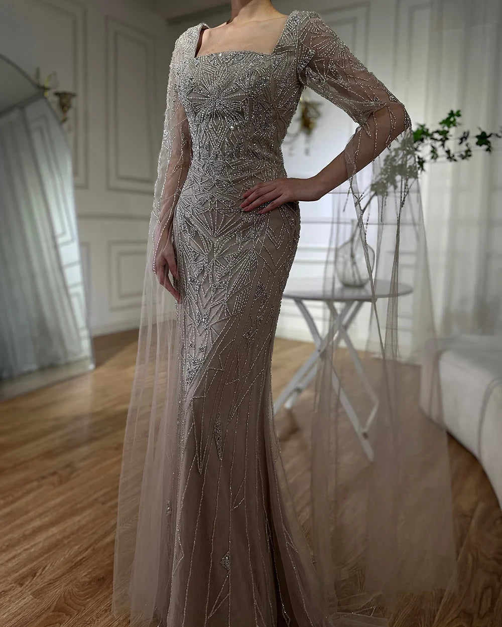 Luxury Dubai Arabic Nued Cape Sleeves Mermaid Saudi Evening Dresses Beaded Luxury Party Gowns for Formal Occasion LA72261B