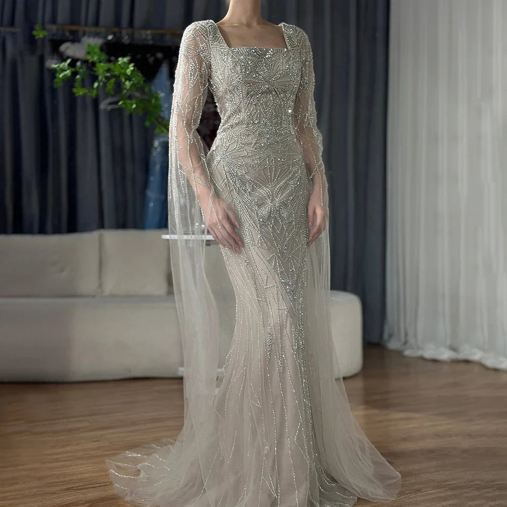 Luxury Dubai Arabic Nued Cape Sleeves Mermaid Saudi Evening Dresses Beaded Luxury Party Gowns for Formal Occasion LA72261B