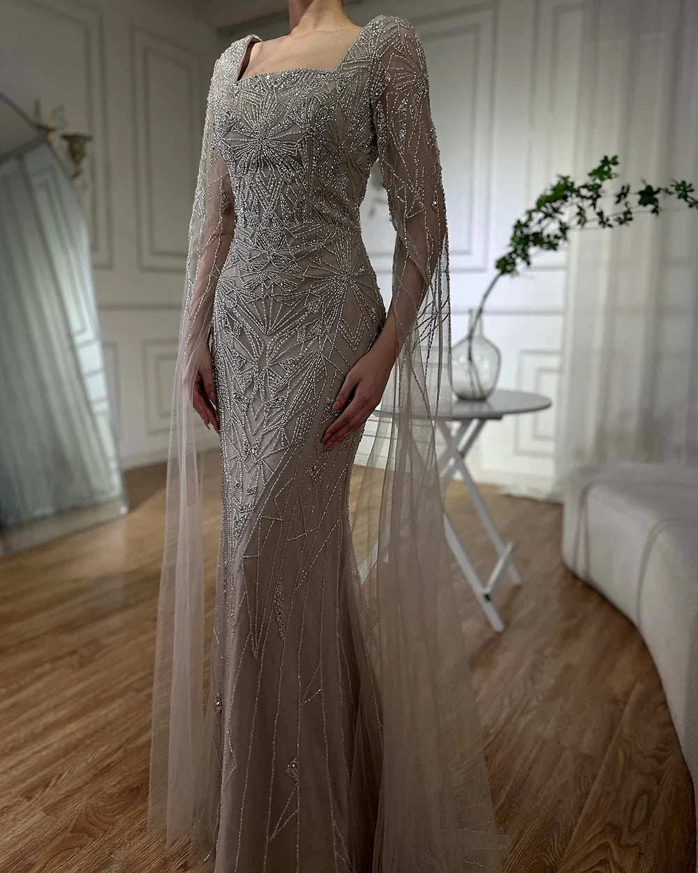 Luxury Dubai Arabic Nued Cape Sleeves Mermaid Saudi Evening Dresses Beaded Luxury Party Gowns for Formal Occasion LA72261B