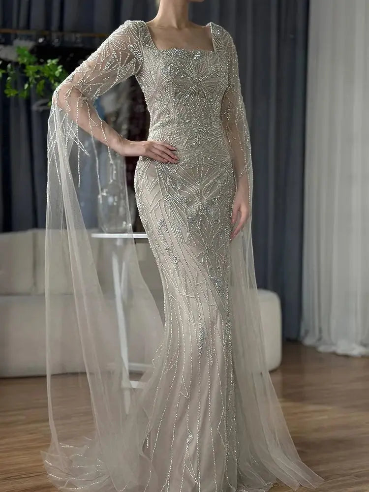 Luxury Dubai Arabic Nued Cape Sleeves Mermaid Saudi Evening Dresses Beaded Luxury Party Gowns for Formal Occasion LA72261B