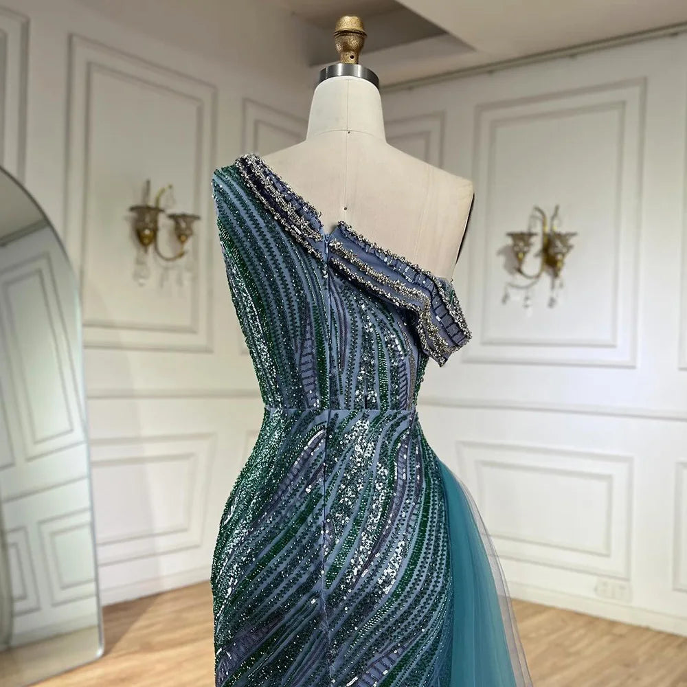 Luxury Dubai Arabic One-Shoulder High Split Blue Mermaid Gown Luxury Beaded Saudi Evening Dress for Formal Occasion LA72718